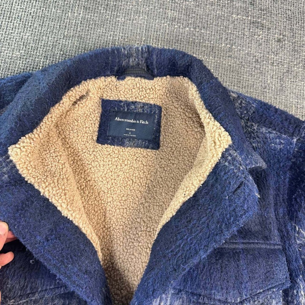 Abercrombie & Fitch Shirt Jacket Mens L Blue Plaid Sherpa Wool Blend Relaxed - Picture 6 of 16
